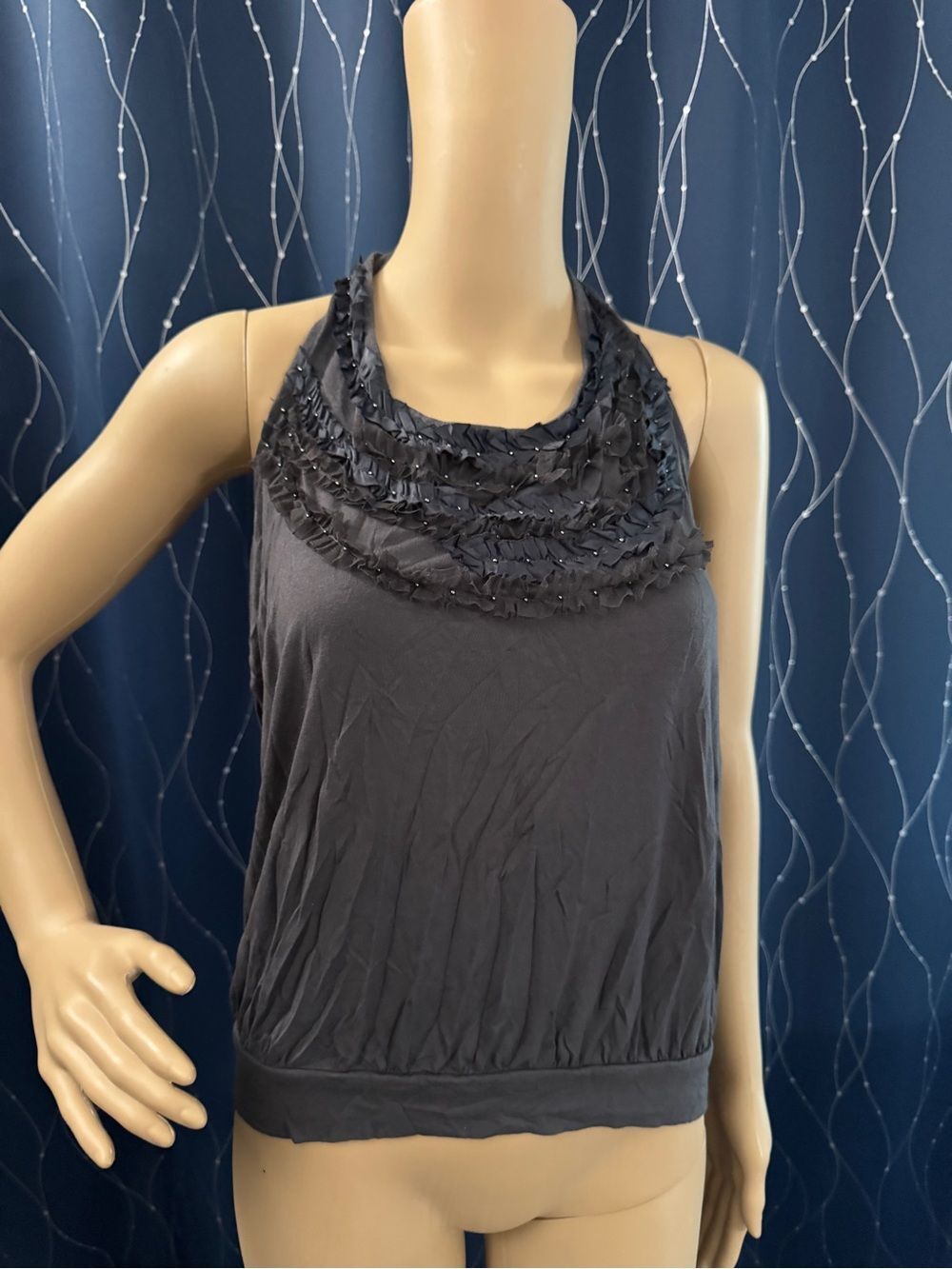 Express Gray Banded Bottom Halter Tank Beaded Ruffle Neck Y2K Top Size Small